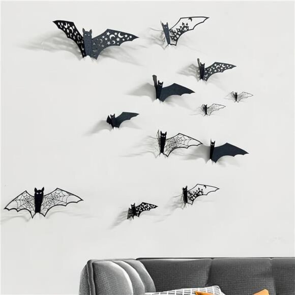 24Pcs Large Halloween Bats Decorations - 3D Self-Adhesive PVC Scary Wall Decor - Picture 7 of 8